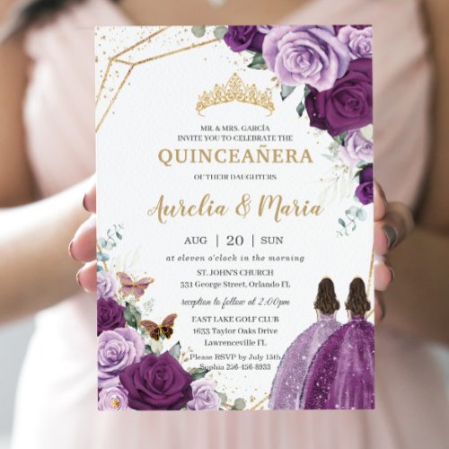 Quinceaera Lilac Dark Purple Plum Floral Twins  Invitation