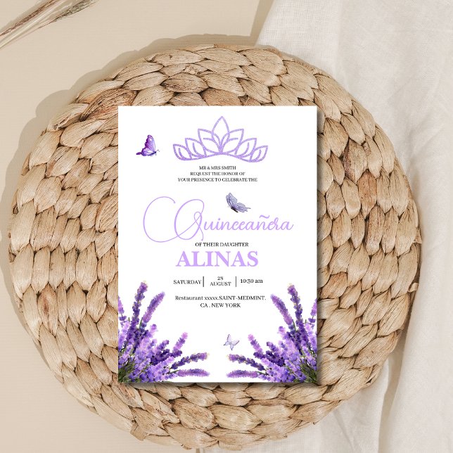 Quinceañera Lilac Floral crown Tiara & butterfly Invitation (Creator Uploaded)