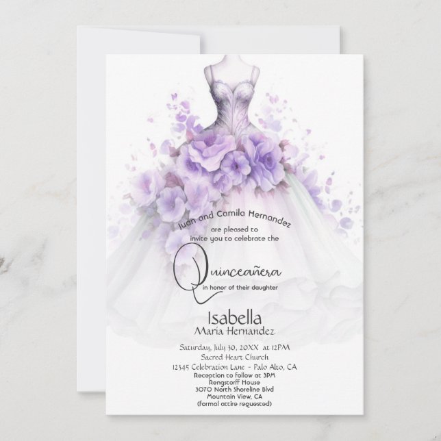 Quinceañera | Lilac Floral Gown Invitation (Front)