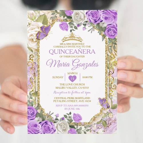 Quinceaera Lilac  Gold Crown Mexican Butterfly Invitation