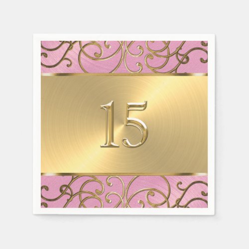 Quinceanera Lilac Pink and Gold Filigree Swirls Paper Napkins