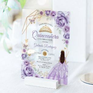 Quinceanera Lilac Purple Dress Floral Gold Acrylic Invitations