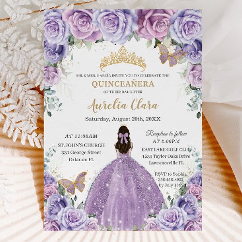Quinceaera Lilac Purple Floral Gold Butterflies Invitation