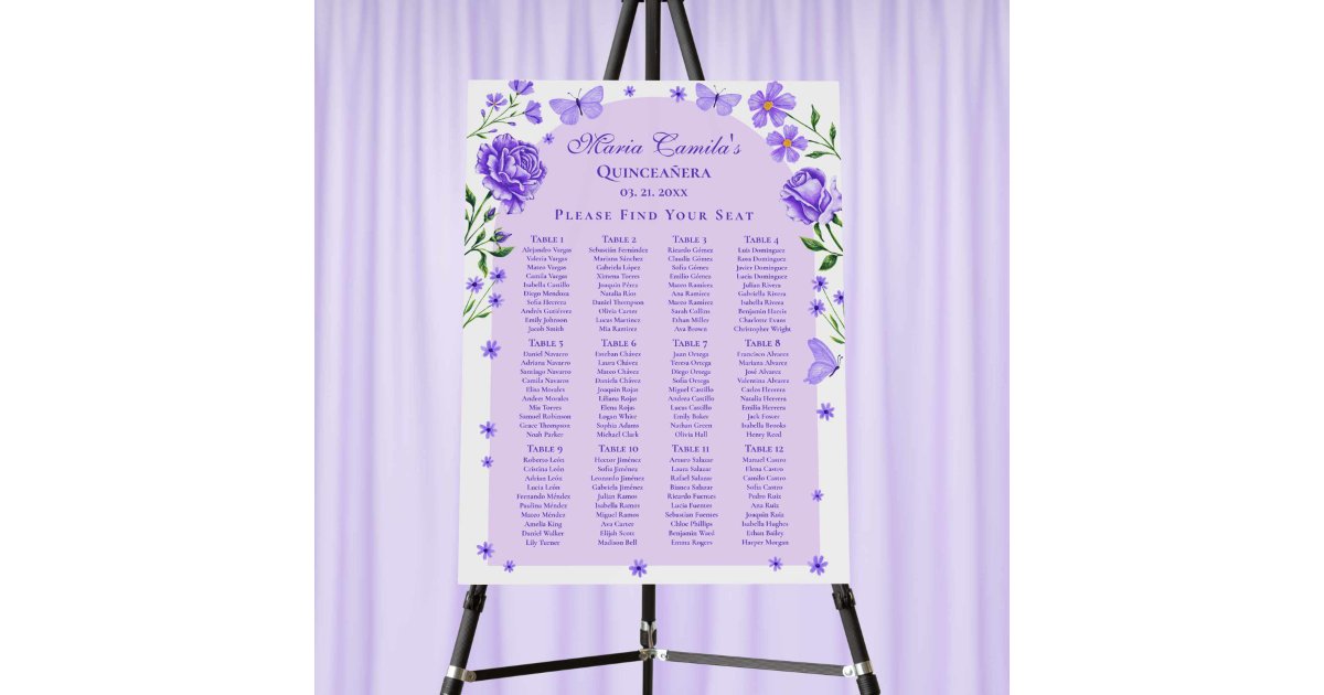 Quinceañera Lilac Purple Floral Seating Chart Foam Board Zazzle