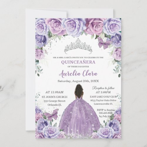 Quinceaera Lilac Purple Flowers Brown Princess Invitation