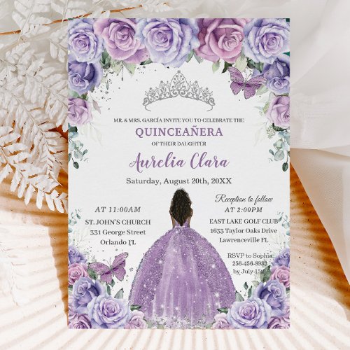 Quinceaera Lilac Purple Flowers Brown Princess Invitation