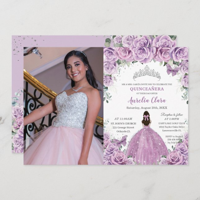 Quinceañera Lilac Purple Flowers Butterflies Crown Invitation (Front/Back)
