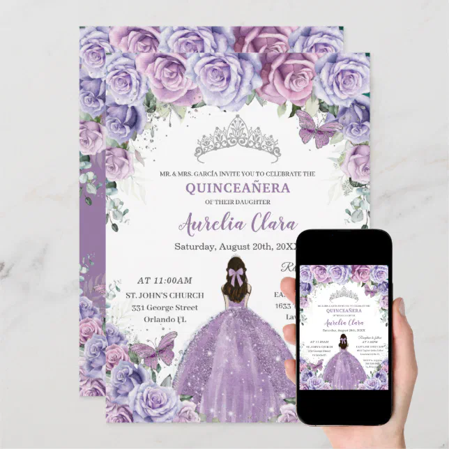 Quinceañera Lilac Purple Flowers Butterflies Crown Invitation | Zazzle