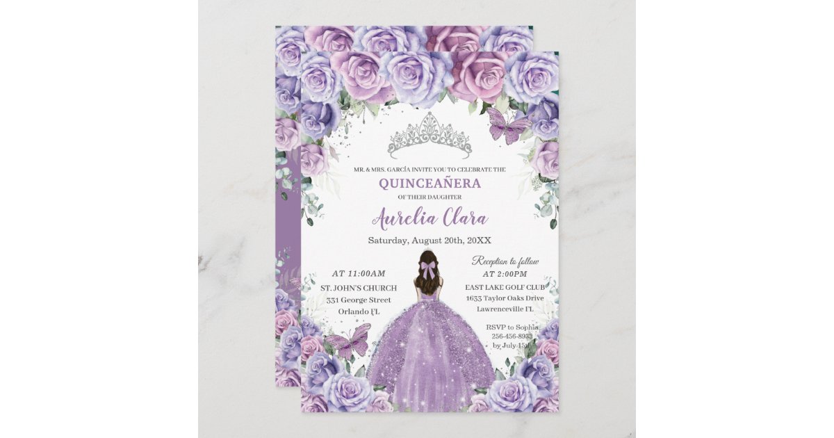 Quinceañera Invitation Template 5x7 Purple Lilac Lavender Wisteria  Butterfly Floral Spanish English Editable Customizable Español 