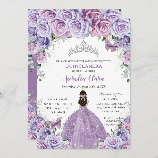 Quinceañera Lilac Purple Flowers Butterflies Crown Invitation (Front/Back)