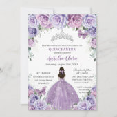 Quinceañera Lilac Purple Flowers Butterflies Crown Invitation (Front)