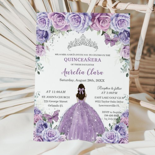 Quinceaera Lilac Purple Flowers Butterflies Crown Invitation