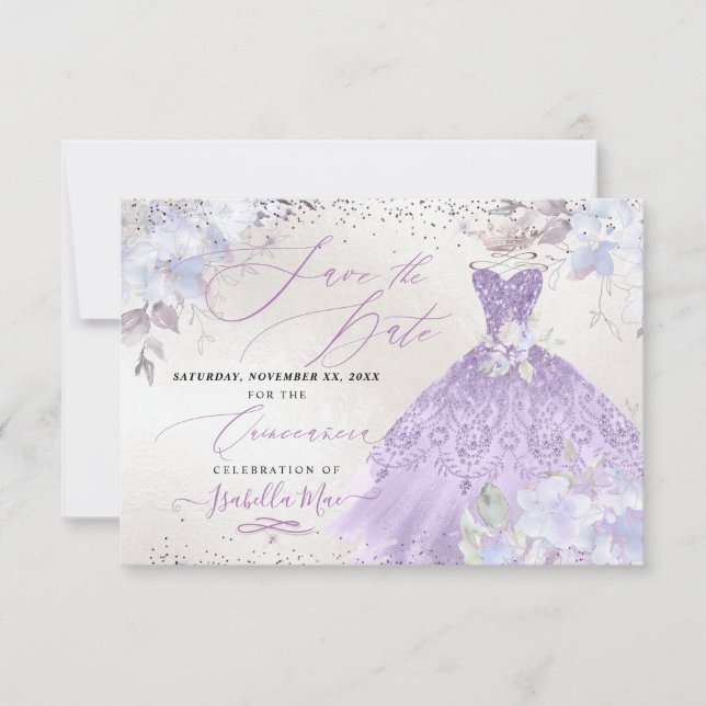 Quinceanera Lilac Purple Glitter Gown Save Date Invitation (Front)
