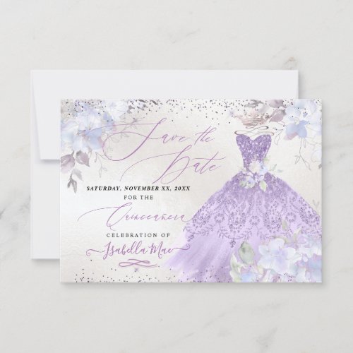 Quinceanera Lilac Purple Glitter Gown Save Date Invitation