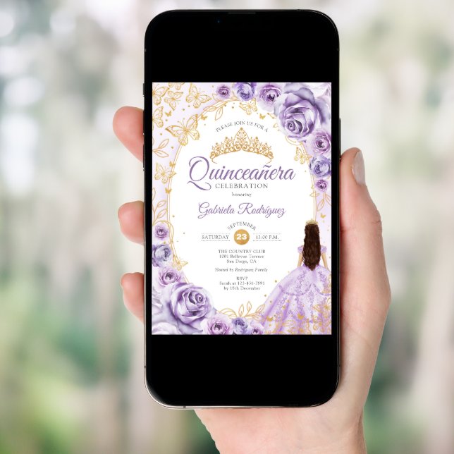 Quinceanera Lilac Purple Gold Floral Invitation (Front Digital)