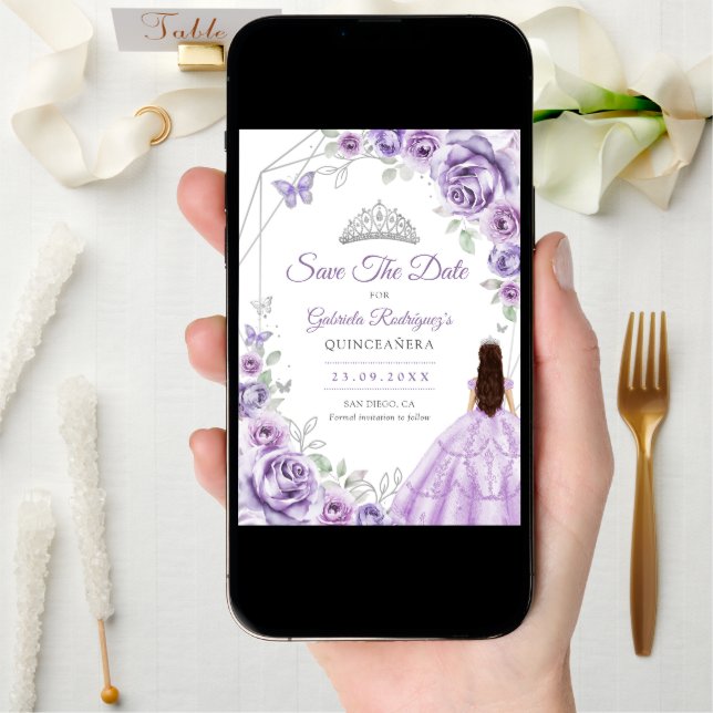 Quinceanera Lilac Purple Roses Dress Silver Save The Date (Front Digital)