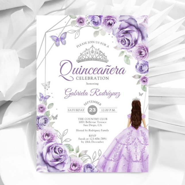 Quinceanera Lilac Purple Silver Dress Floral Invitation (Creator Uploaded)
