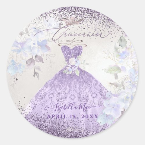 Quinceanera Lilac Purple Silver Glitter Gown Classic Round Sticker