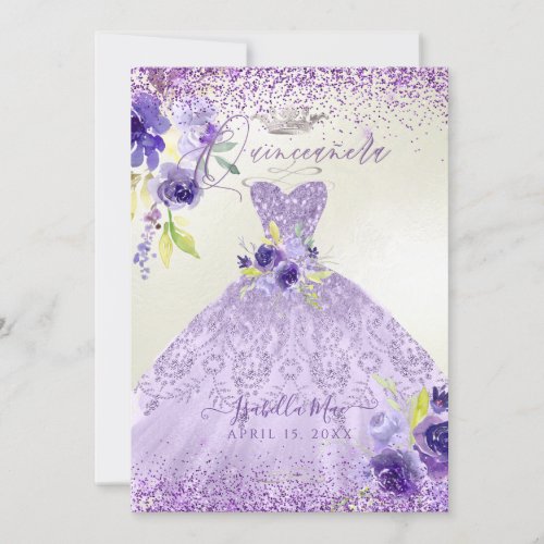 Quinceanera Lilac Purple Silver Glitter Gown Invit Invitation