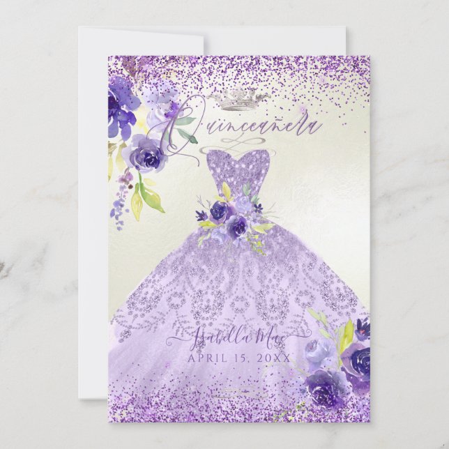Quinceanera Lilac Purple Silver Glitter Gown Invit Invitation (Front)