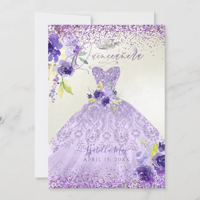 Quinceanera Lilac Purple Silver Glitter Gown Invit Invitation | Zazzle