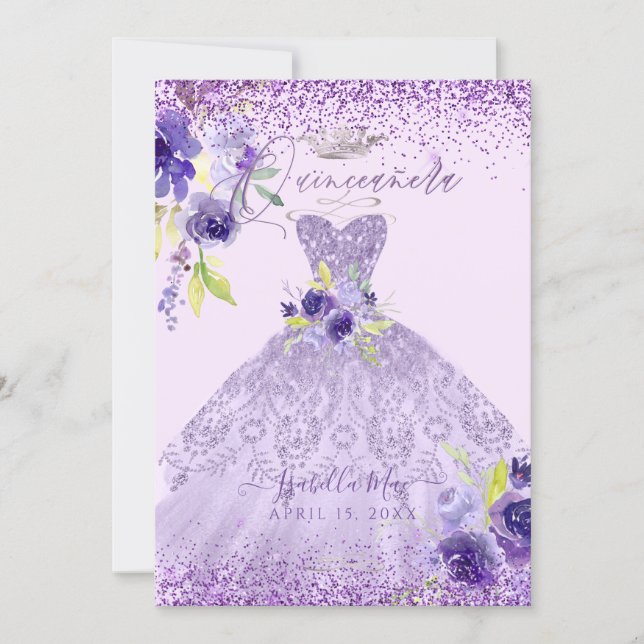 Quinceanera Lilac Purple Silver Glitter Gown Invit Invitation (Front)