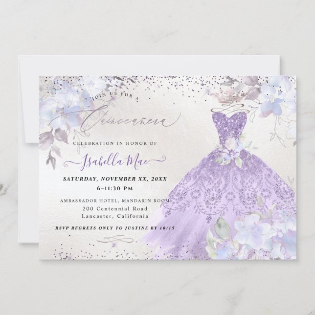Quinceanera Lilac Purple Silver Glitter Gown Invitation (Front)