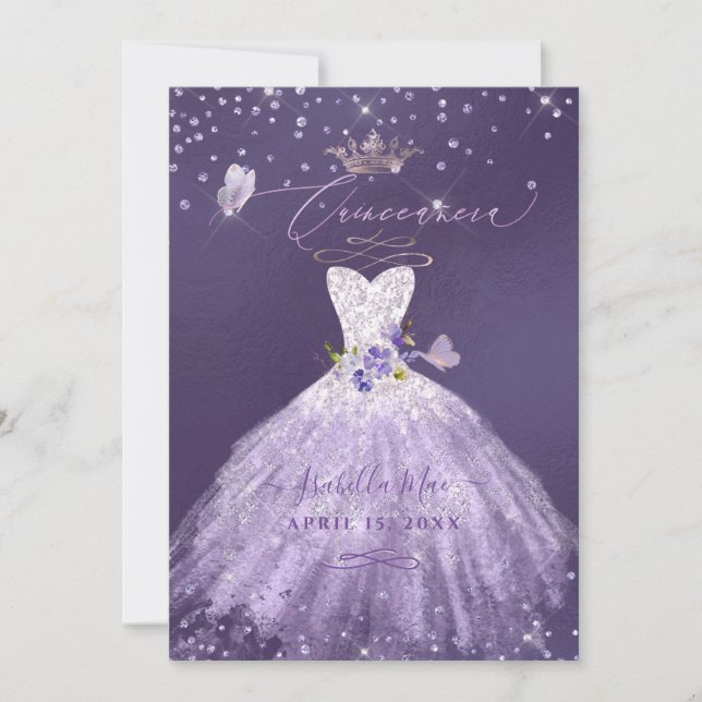 Quinceanera Lilac Purple Silver Glitter Gown Invitation (Front)