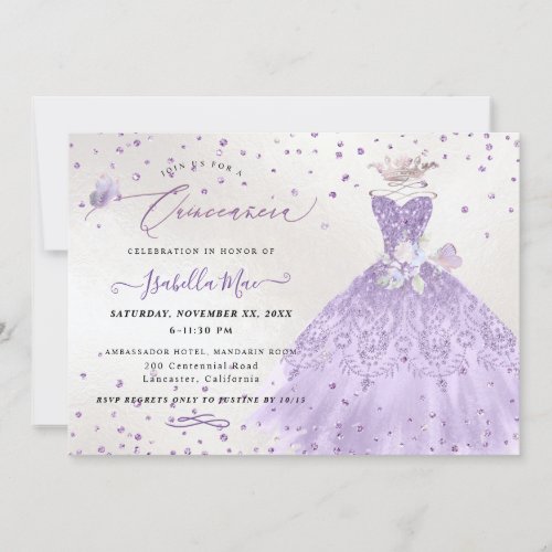 Quinceanera Lilac Purple Silver Glitter Gown Invitation