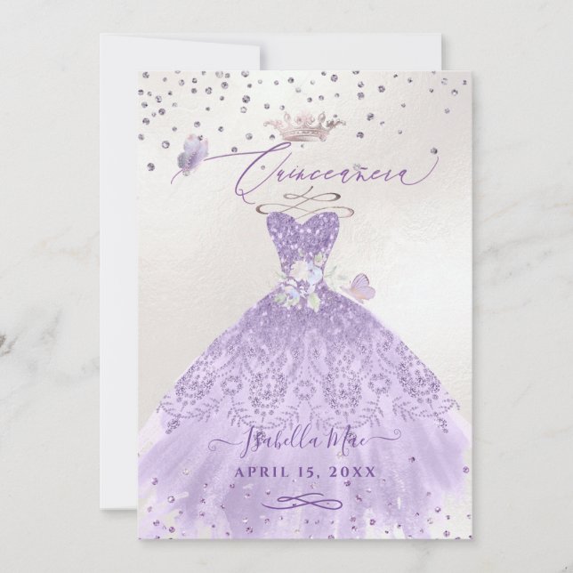 Quinceanera Lilac Purple Silver Glitter Gown Invitation (Front)
