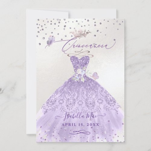 Quinceanera Lilac Purple Silver Glitter Gown Invitation