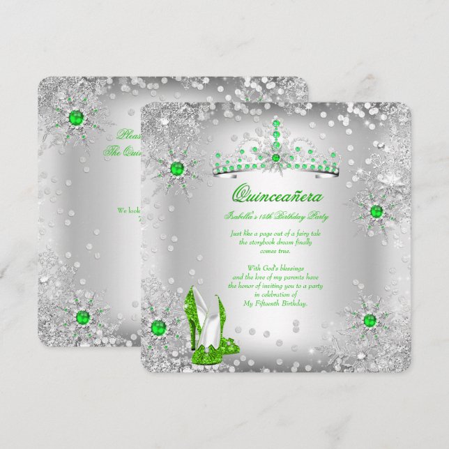 Quinceanera Lime Green Silver Winter Wonderland Invitation (Front/Back)