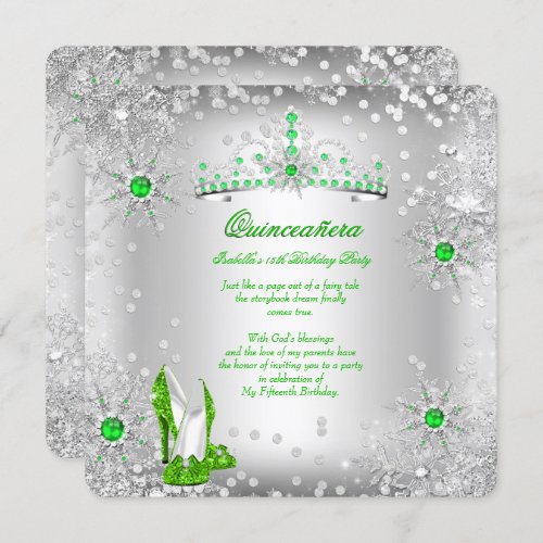 Quinceanera Lime Green Silver Winter Wonderland Invitation