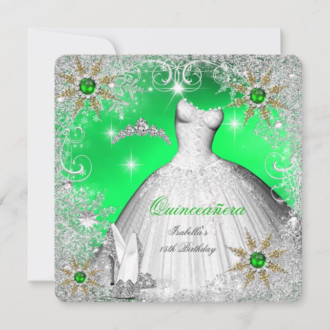 Quinceanera Lime Pearl Silver Winter Snowflakes Invitation (Front)