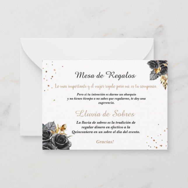 Quinceañera Lluvia de Sobres Black Roses Note Card (Front)