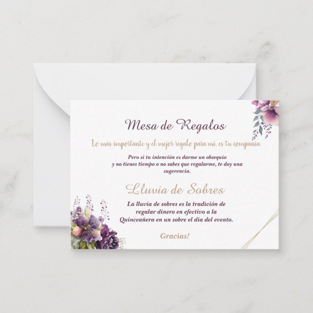 Quinceañera Lluvia de Sobres Floral Lilac Lavender Note Card (Front)