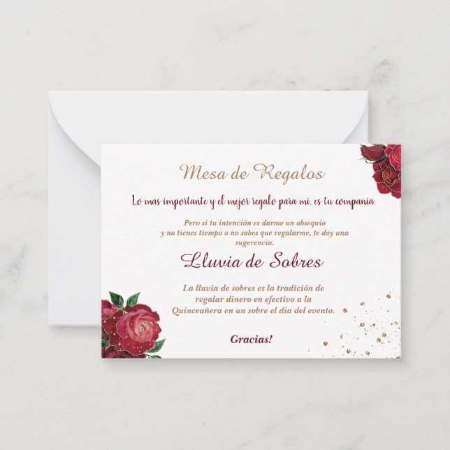 Quinceañera Lluvia de Sobres White Red Roses Note Card (Front)
