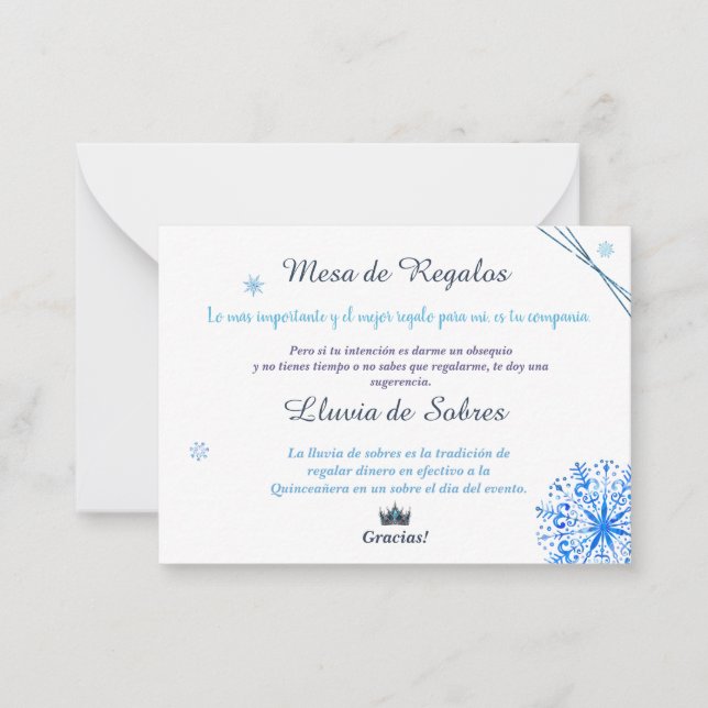 Quinceañera Lluvia de Sobres Winter Wonderland Note Card (Front)