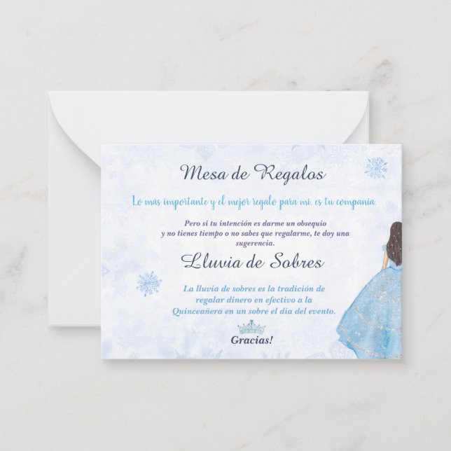 Quinceañera Lluvia de Sobres Winter Wonderland Note Card (Front)
