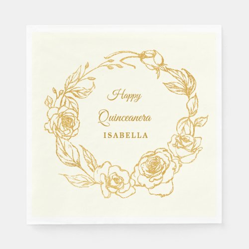 Quinceanera Luxe Gold Rose Ivory White Cocktail Napkins