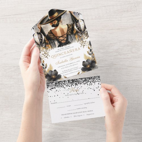 Quinceaera Luxury Black Gold Mexican Style rsvp All In One Invitation