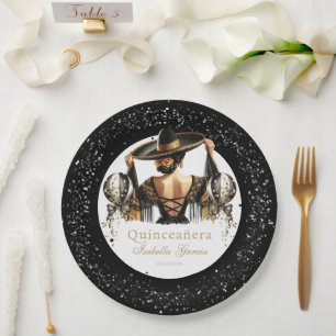 Quinceañera Luxury Black Gold Personalized Paper Plates