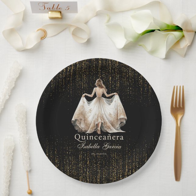 Quinceañera Luxury Black Ivory Gold Personalized Paper Plates (Wedding)