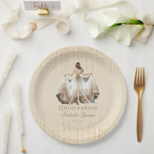 Quinceañera Luxury Ivory Gold Personalized Paper Plates