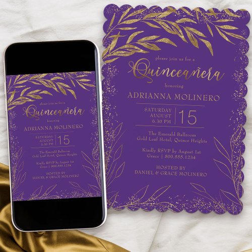 Quinceanera Luxury Purple and Gold Leaves Birthday Invitation