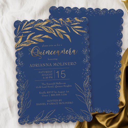 Quinceanera Luxury Royal Blue and Gold Leaves Invitation