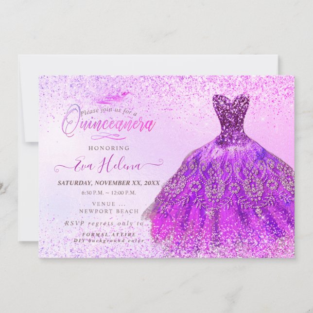 Quinceañera, Magenta Glitters Dress Invitation (Front)