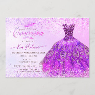 Quinceañera, Magenta Glitters Dress Invitation