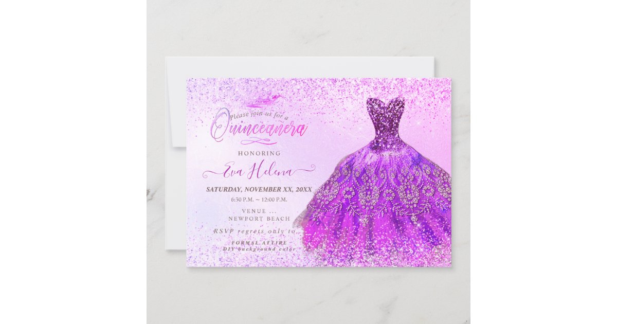 Quinceañera, Magenta Glitters Dress Invitation | Zazzle