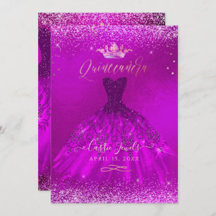 Quinceanera Magenta Gold Confetti+Princess Invitation